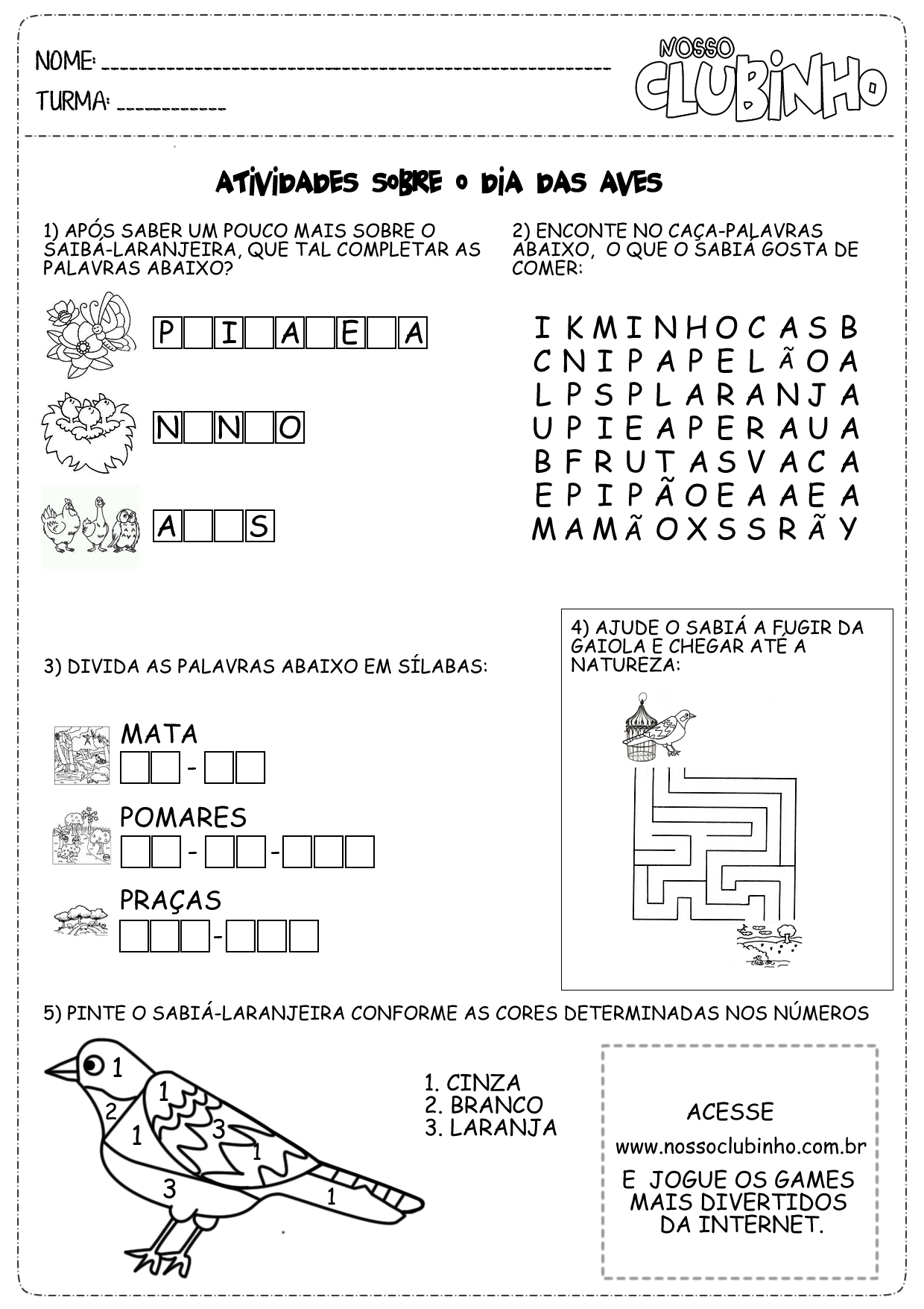 Atividades para alfabetização – Dia das aves