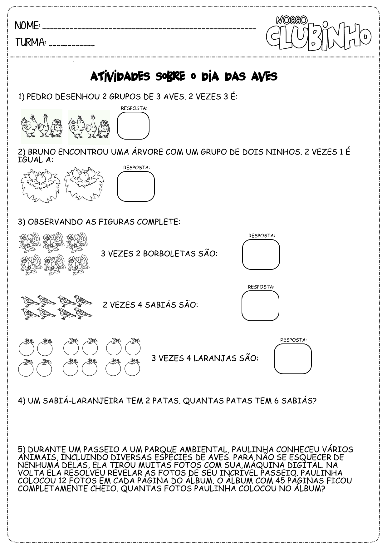 Atividades de matemática — Dia das aves