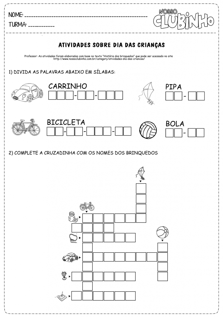 Atividades para o dia das crianças com alfabetização