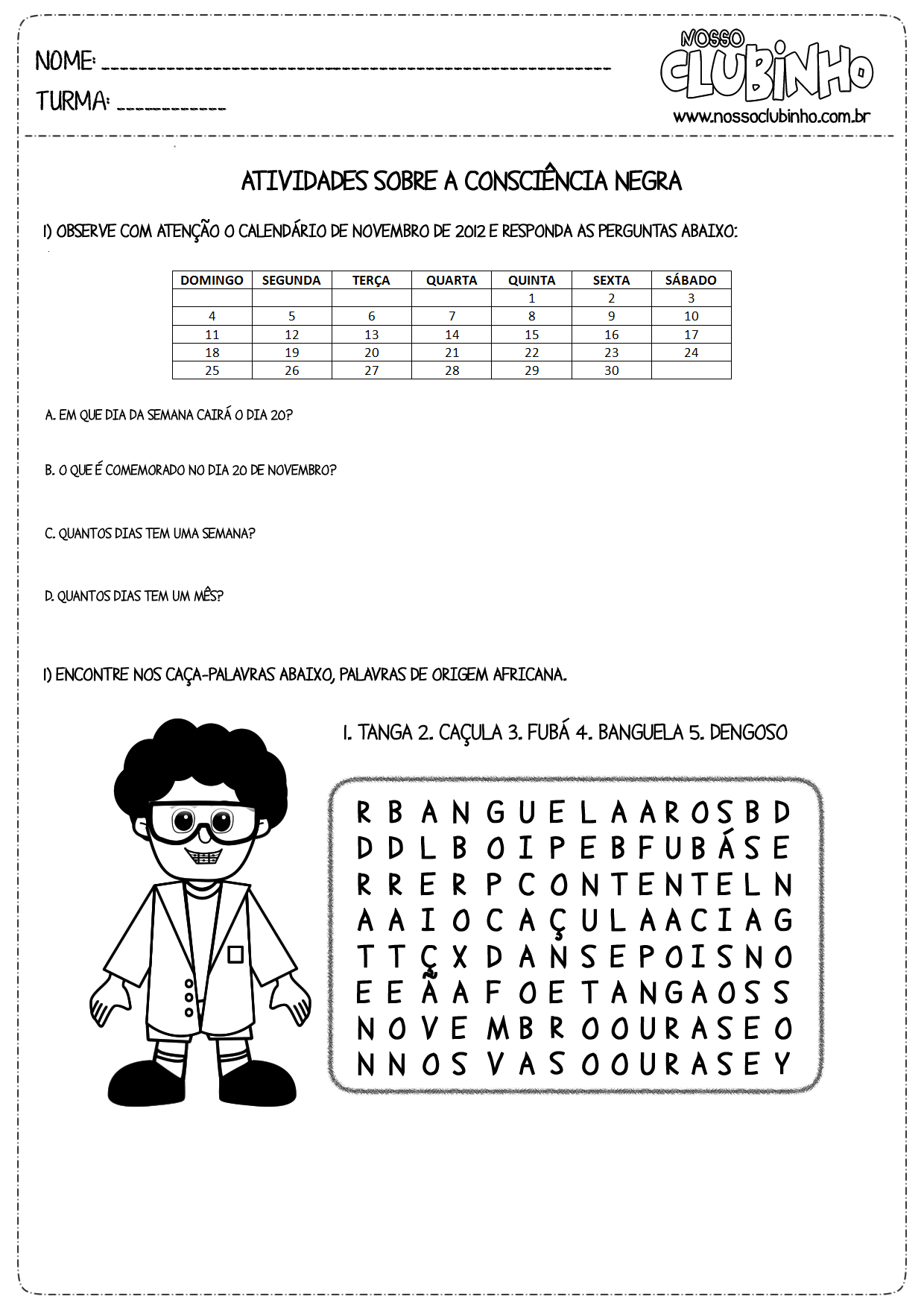 Atividades sobre o Dia da Consciência Negra para o 1º, 2º e 3º ano