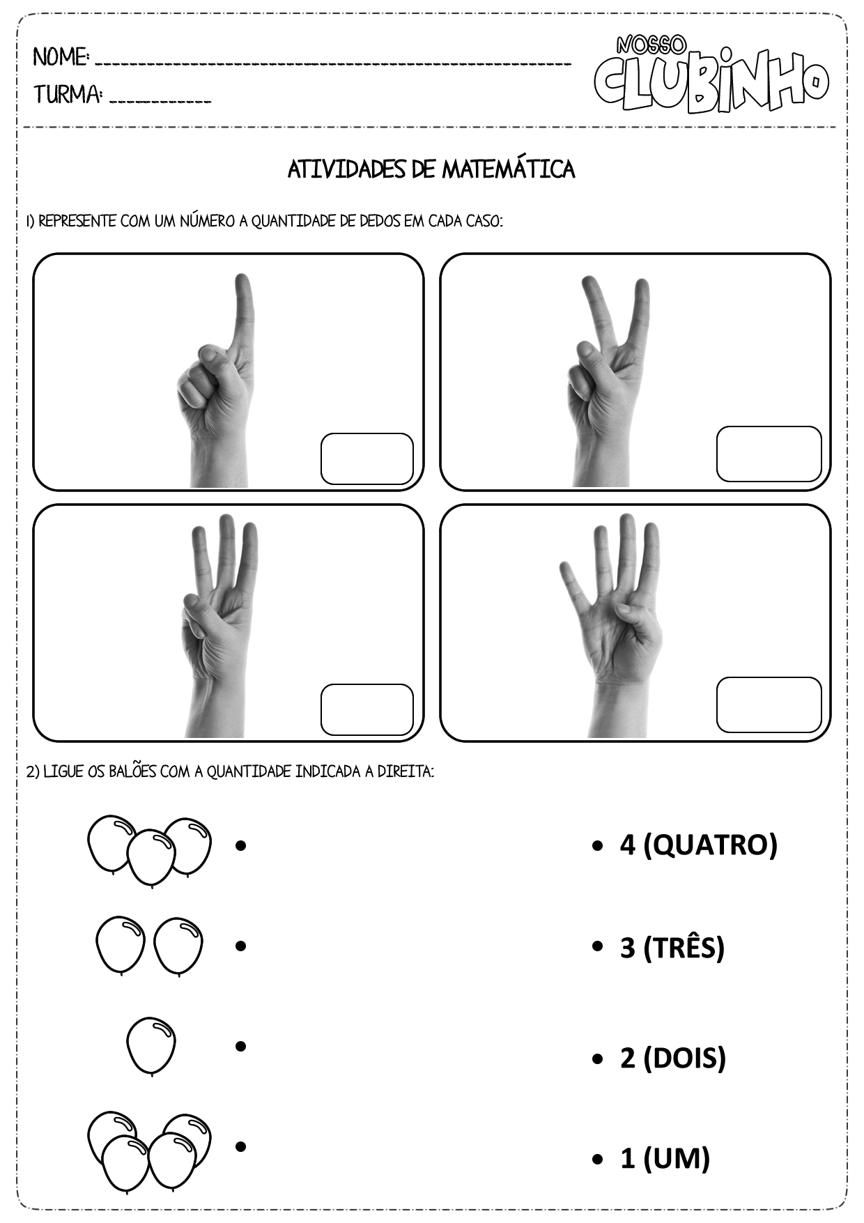 Atividades de matemática: Números e Quantidades