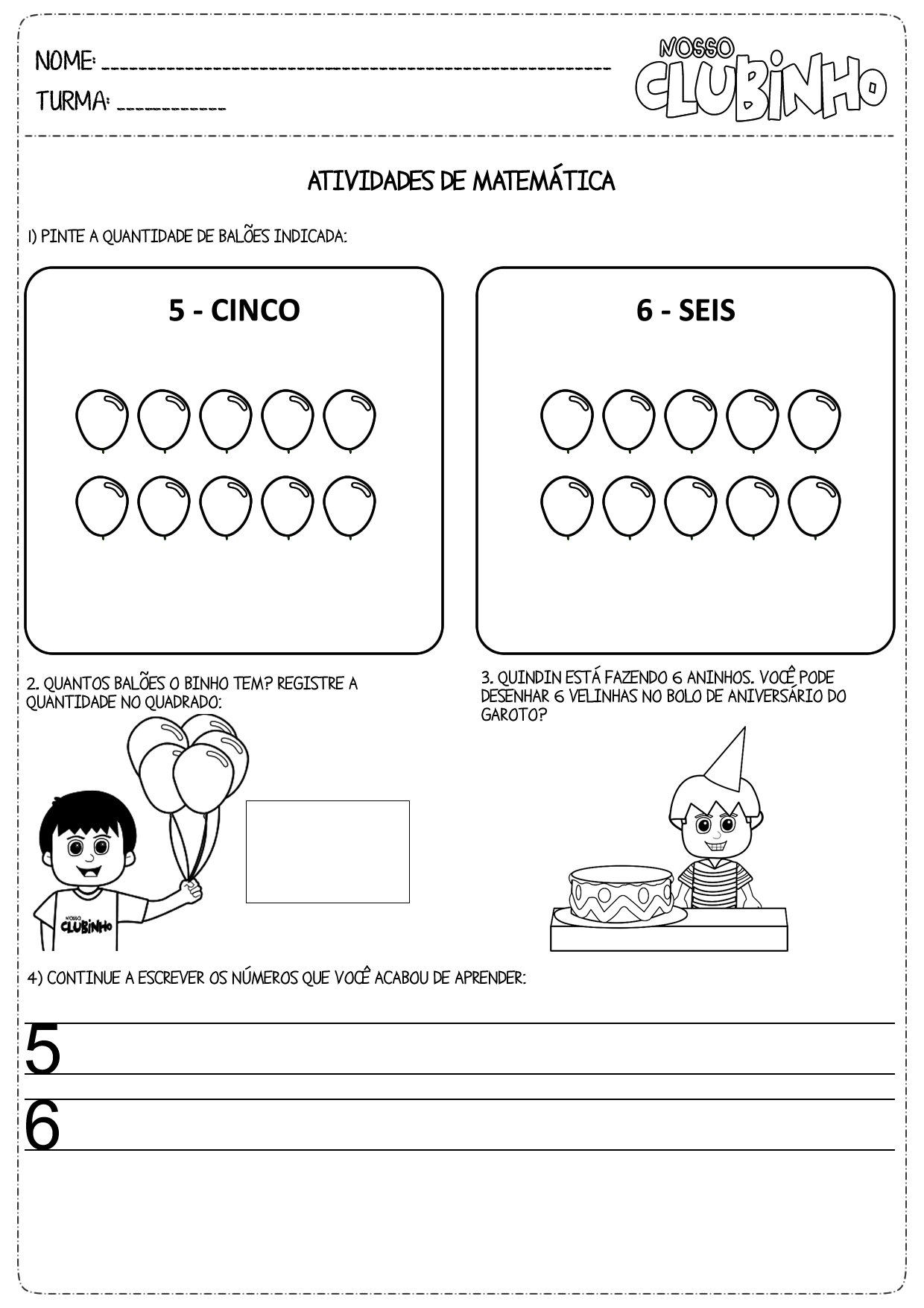 Atividades de matemática: Números e quantidades de 5 e 6