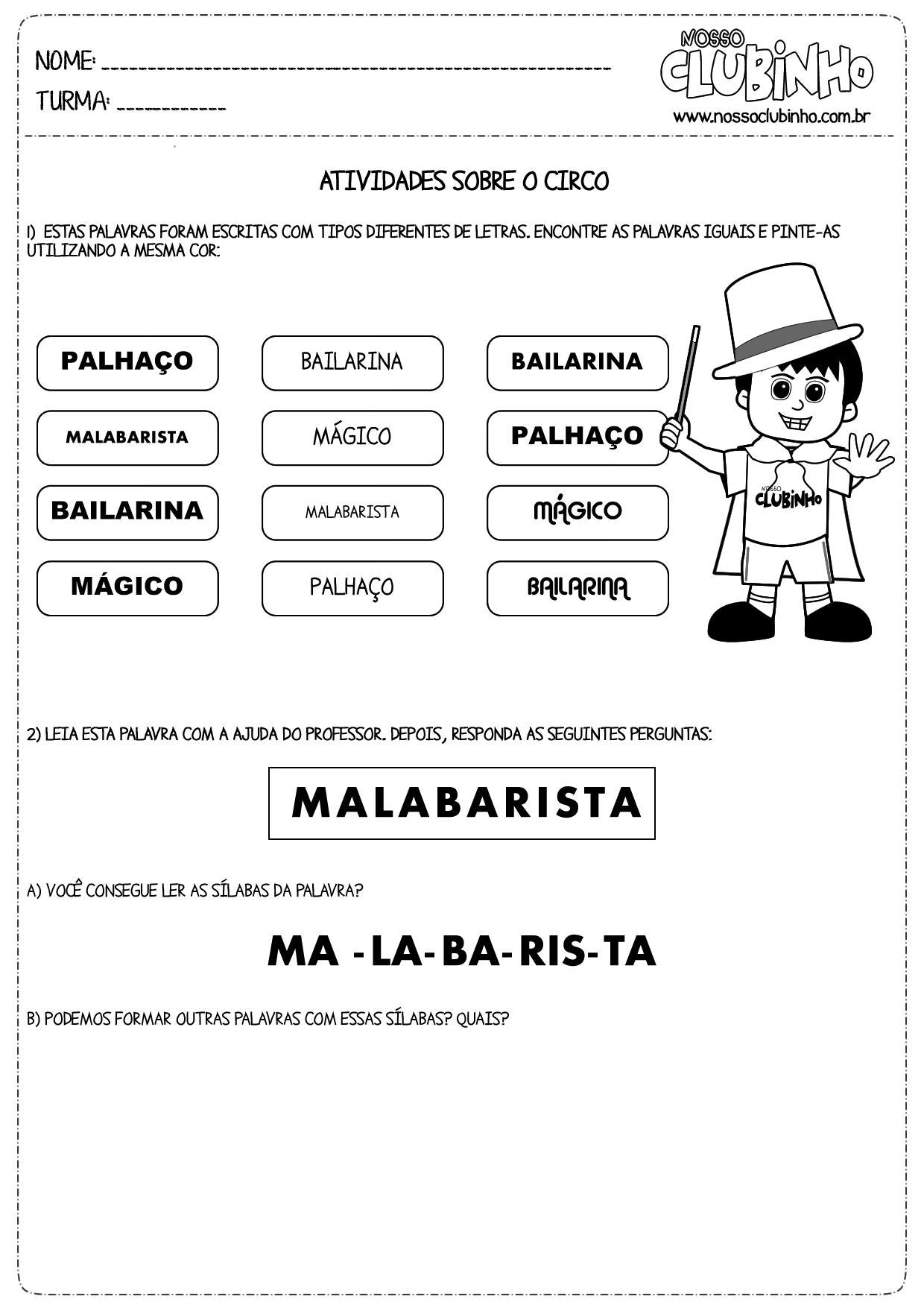 Atividades para alfabetização: Dia do Circo