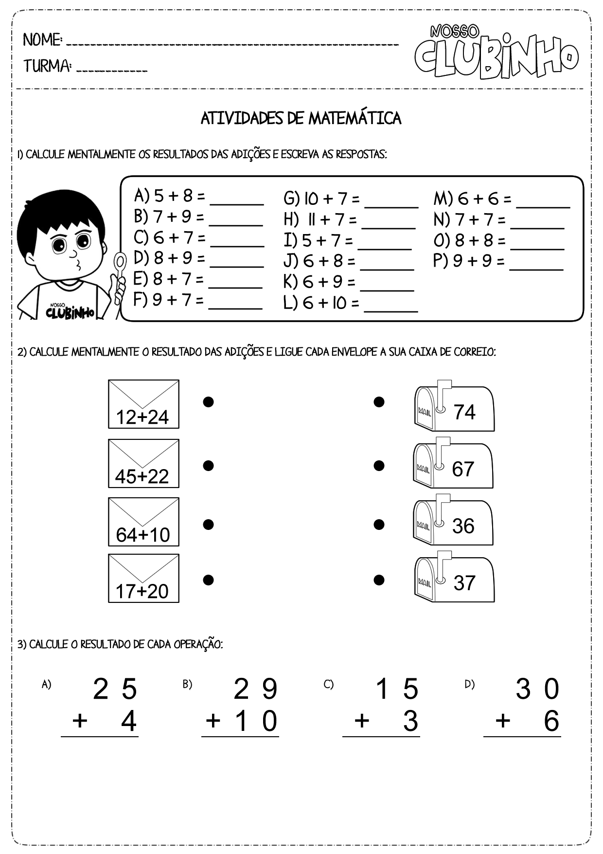 Atividades de matemática: Adição sem reserva