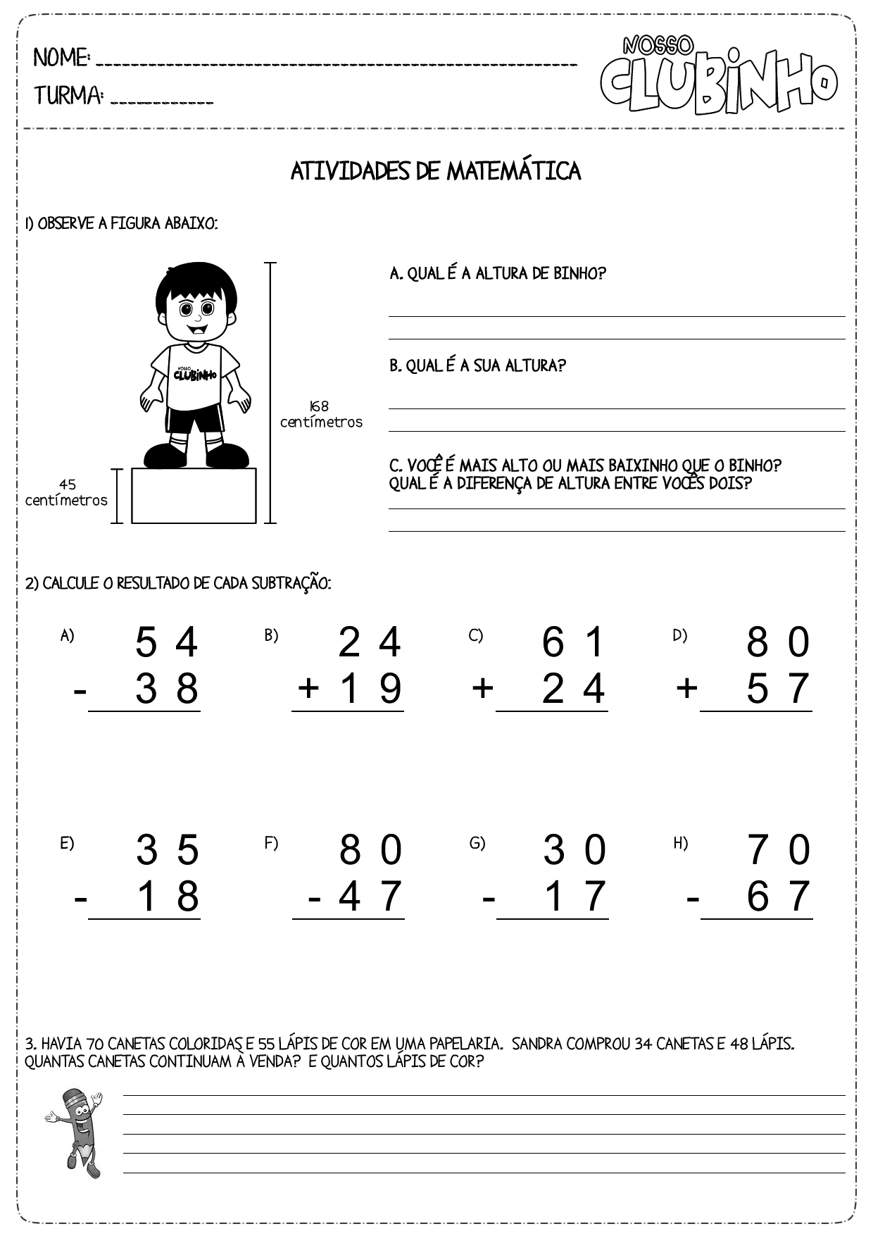 Atividades de matemática: Subtração com reserva