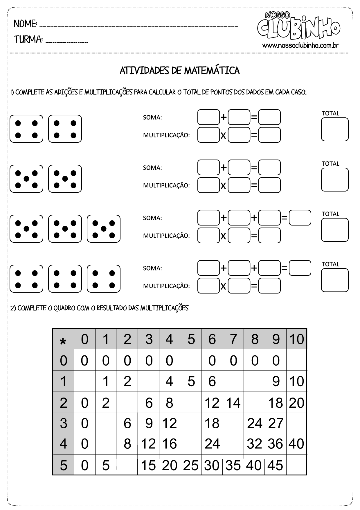 Atividades de Matemática: Multiplicação e Soma de Valores Iguais