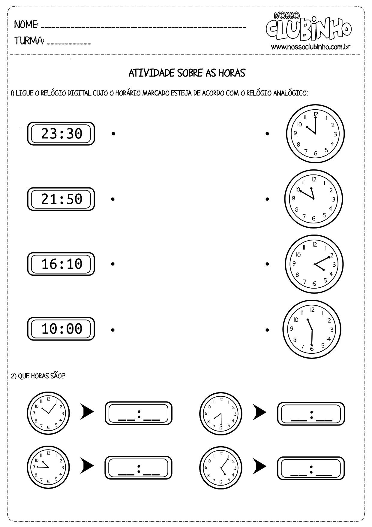 Atividades para Educação Infantil: Horas