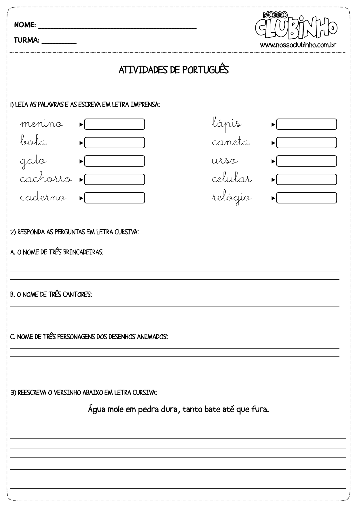 Atividades para Alfabetização: Letras Cursivas II